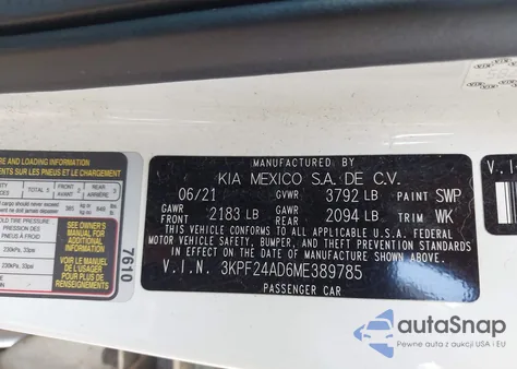 2021 Kia Forte Lxs z USA, uszkodzony, nr VIN 3KPF24AD6ME389785